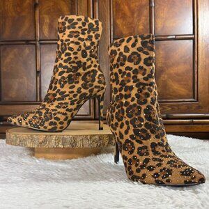 Forever Leopard Amber Rhinestone Pointed Toe Heeled Bootie